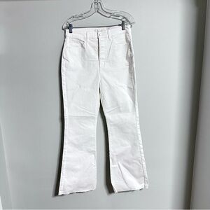 LOFT High Rise White Slim Flare Pants Jeans Cotton Stretch 29 Curvy fit Raw hem